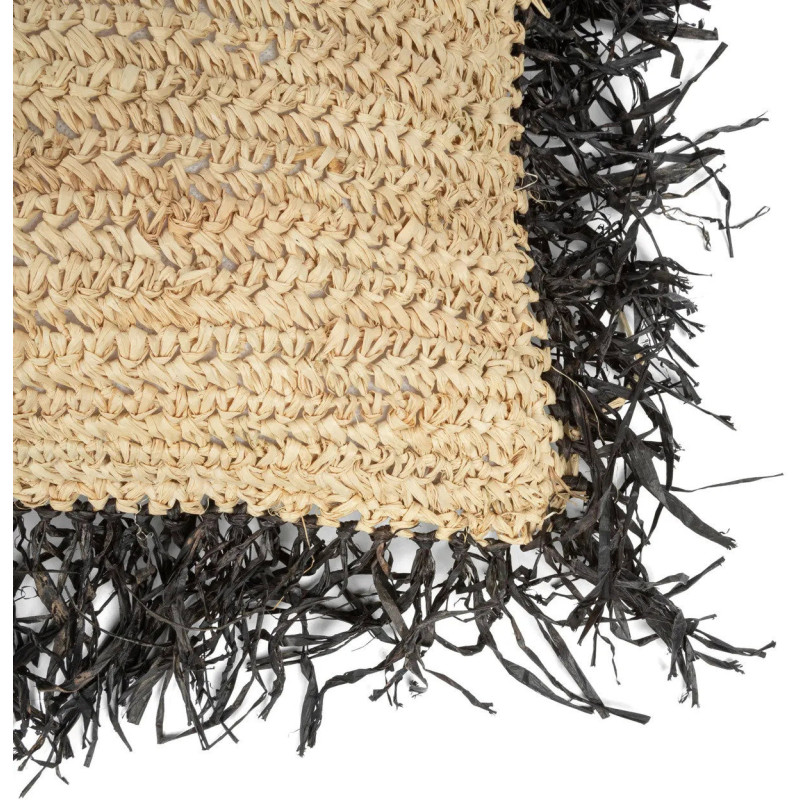 Housse de coussin XL Carrée 60x60 en Raphia Naturel Noir avec franges The Raffia Square 