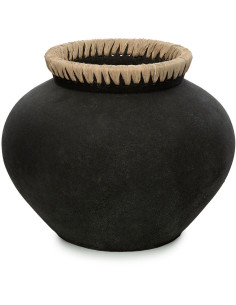 Vase Rond Hauteur 27 cm en Terre cuite Noir Raphia Naturel The Styly 