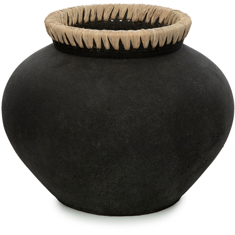 Vase Rond Hauteur 27 cm en Terre cuite Noir Raphia Naturel The Styly 