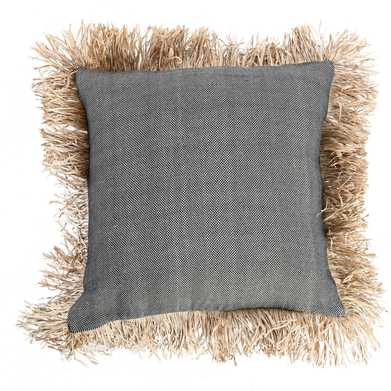 Housse de coussin XL Carrée 60x60 en Coton Noir Raphia Naturel avec franges The Cotton Bonita 