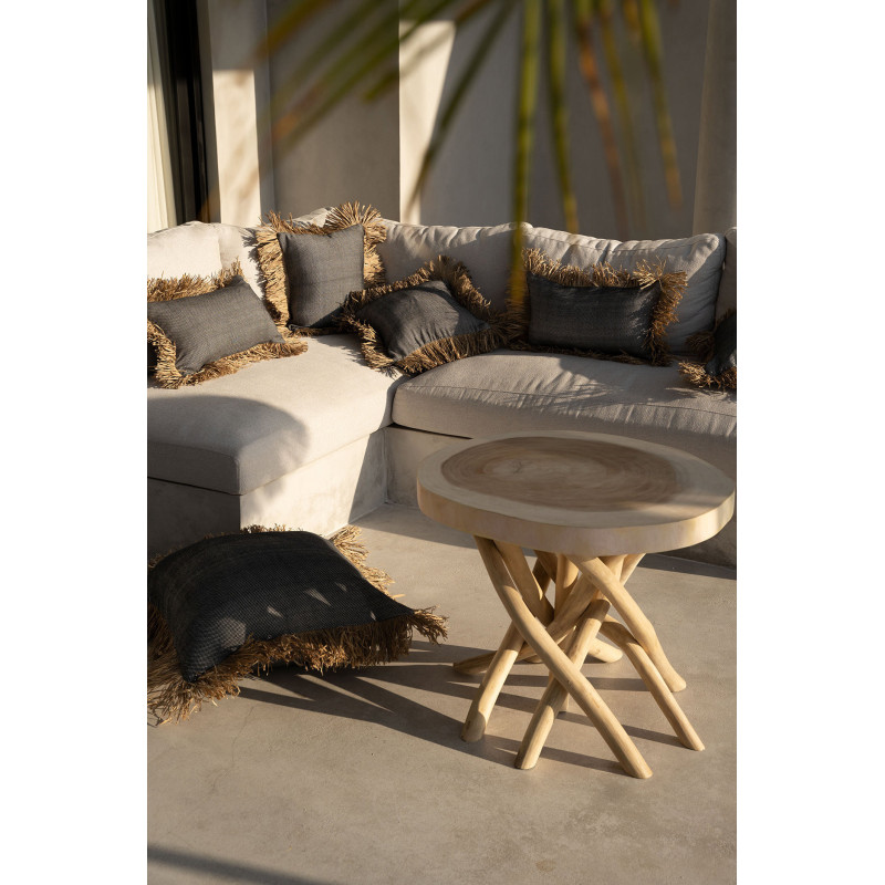 Housse de coussin XL Carrée 60x60 en Coton Noir Raphia Naturel avec franges The Cotton Bonita 