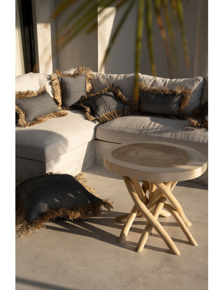 Housse de coussin XL Carrée 60x60 en Coton Noir Raphia Naturel avec franges The Cotton Bonita 