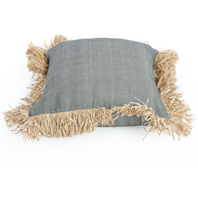 Housse de coussin XL Carrée 60x60 en Coton Noir Raphia Naturel avec franges The Cotton Bonita 