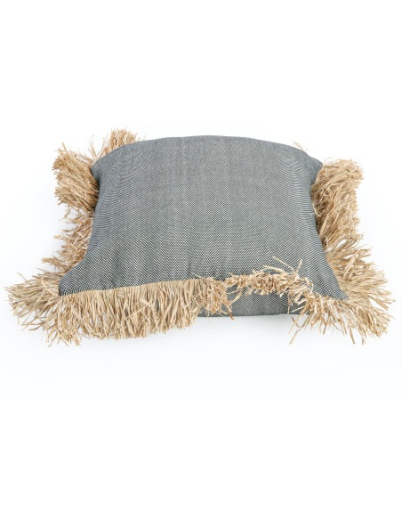 Housse de coussin XL Carrée 60x60 en Coton Noir Raphia Naturel avec franges The Cotton Bonita 