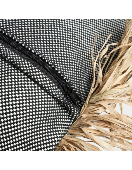 Housse de coussin XL Carrée 60x60 en Coton Noir Raphia Naturel avec franges The Cotton Bonita 