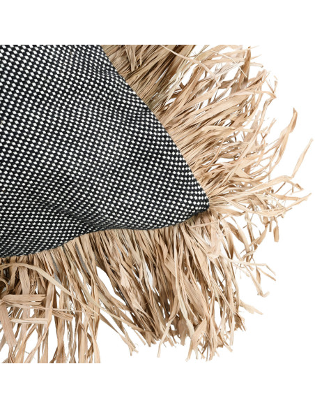Housse de coussin XL Carrée 60x60 en Coton Noir Raphia Naturel avec franges The Cotton Bonita 