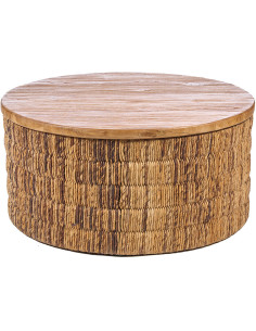 Table basse bohème chic Ronde 80 cm Bois de teck Naturel Abaca Tressé The Magani 