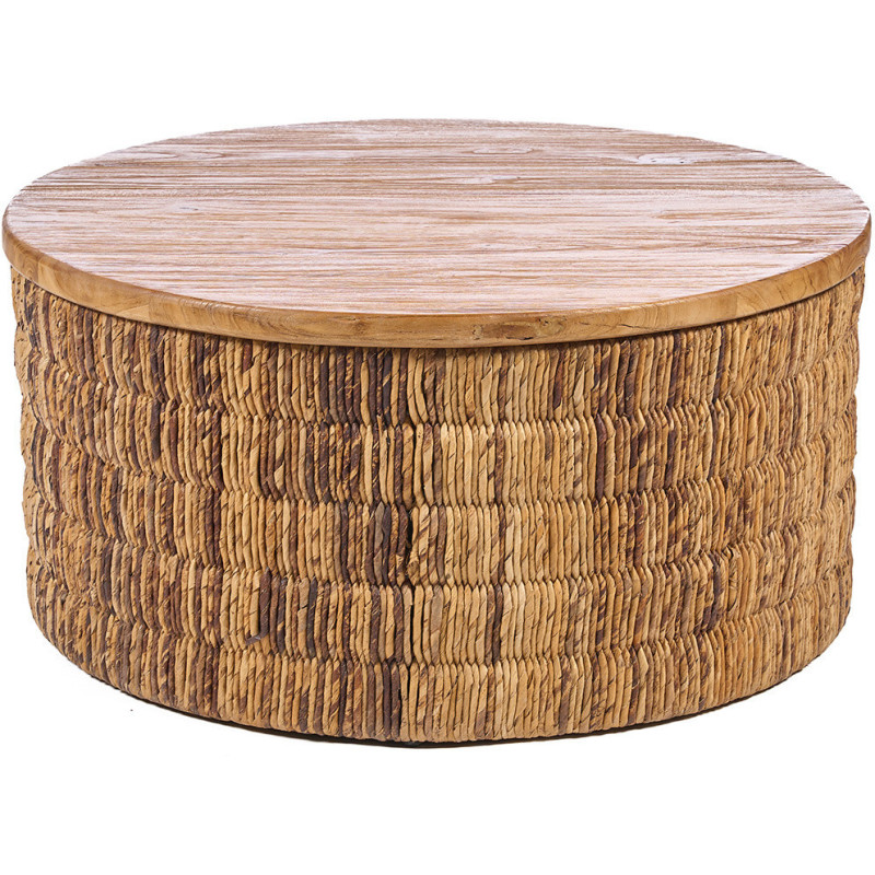 Table basse bohème chic Ronde 80 cm Bois de teck Naturel Abaca Tressé The Magani 