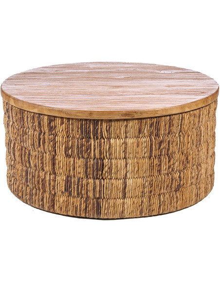 Table basse bohème chic Ronde 80 cm Bois de teck Naturel Abaca Tressé The Magani 