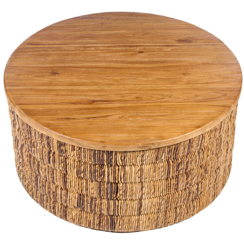 Table basse bohème chic Ronde 80 cm Bois de teck Naturel Abaca Tressé The Magani 