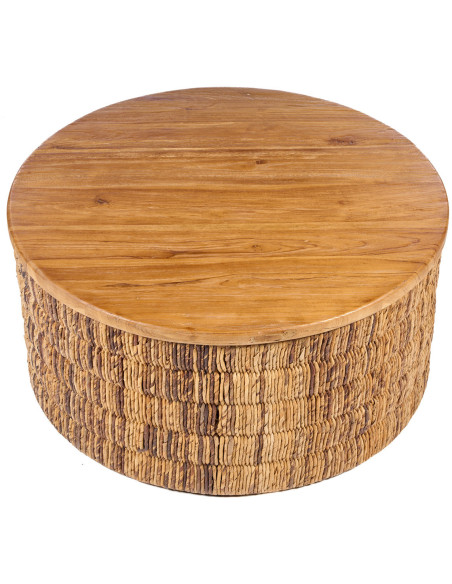 Table basse bohème chic Ronde 80 cm Bois de teck Naturel Abaca Tressé The Magani 