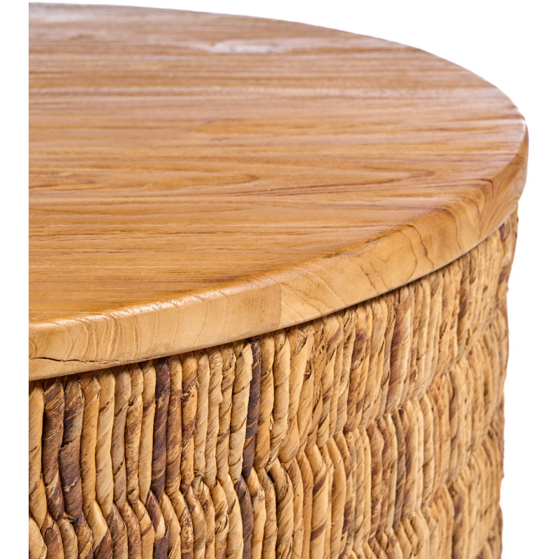 Table basse bohème chic Ronde 80 cm Bois de teck Naturel Abaca Tressé The Magani 