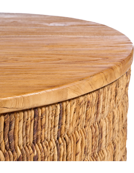 Table basse bohème chic Ronde 80 cm Bois de teck Naturel Abaca Tressé The Magani 