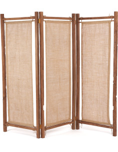 Paravent original Bohème chic 3 panneaux en Bois de teck recyclé Jute Naturel The Zenbu 