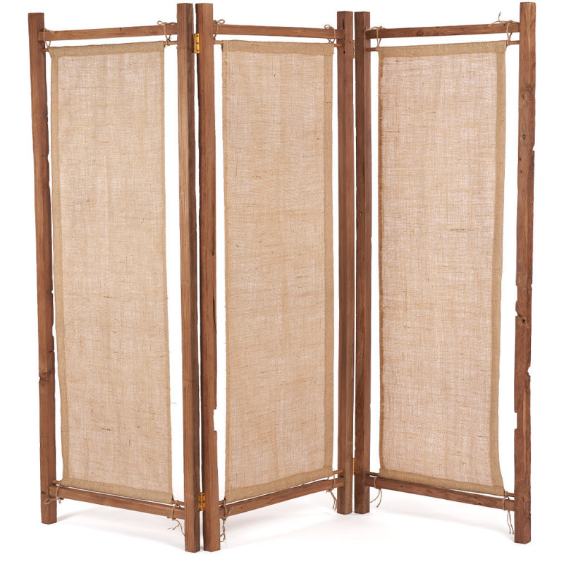 Paravent original Bohème chic 3 panneaux en Bois de teck recyclé Jute Naturel The Zenbu 