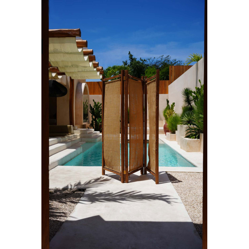 Paravent original Bohème chic 3 panneaux en Bois de teck recyclé Jute Naturel The Zenbu 