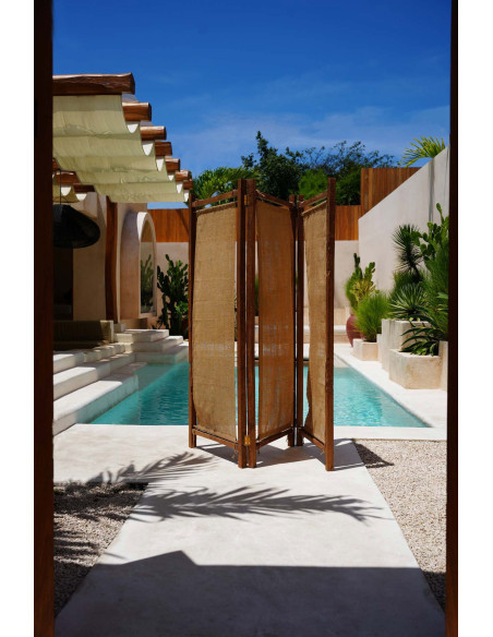 Paravent original Bohème chic 3 panneaux en Bois de teck recyclé Jute Naturel The Zenbu 