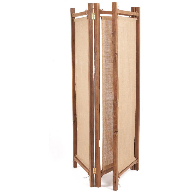 Paravent original Bohème chic 3 panneaux en Bois de teck recyclé Jute Naturel The Zenbu 