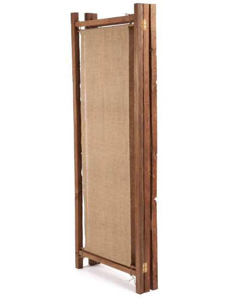 Paravent original Bohème chic 3 panneaux en Bois de teck recyclé Jute Naturel The Zenbu 