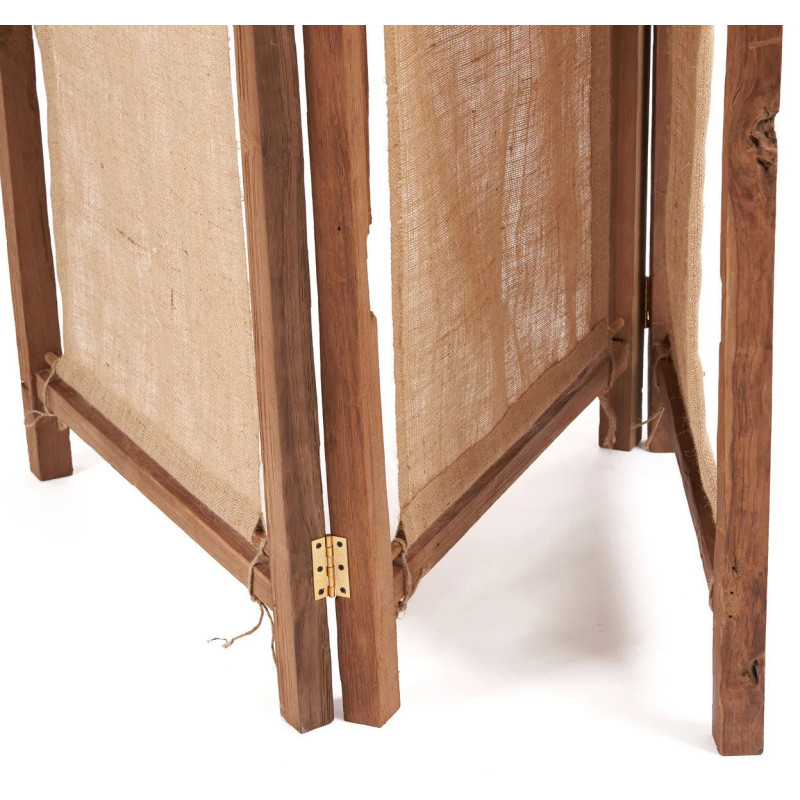 Paravent original Bohème chic 3 panneaux en Bois de teck recyclé Jute Naturel The Zenbu 