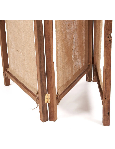 Paravent original Bohème chic 3 panneaux en Bois de teck recyclé Jute Naturel The Zenbu 