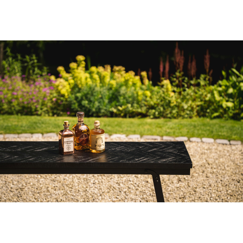 Table mange debout moderne pliante Rectangulaire 4 personnes en Métal Bois de teck Noir Patiné Motif chevrons The Herringbone 