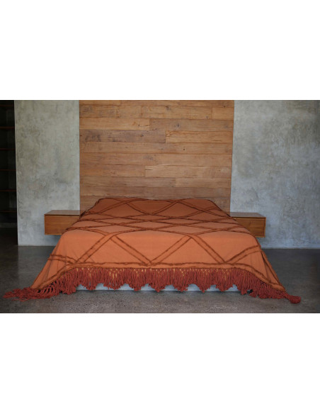 Plaid XXL original Bohème chic 300x240 en Coton Terracotta Avec pompons The Berbe 