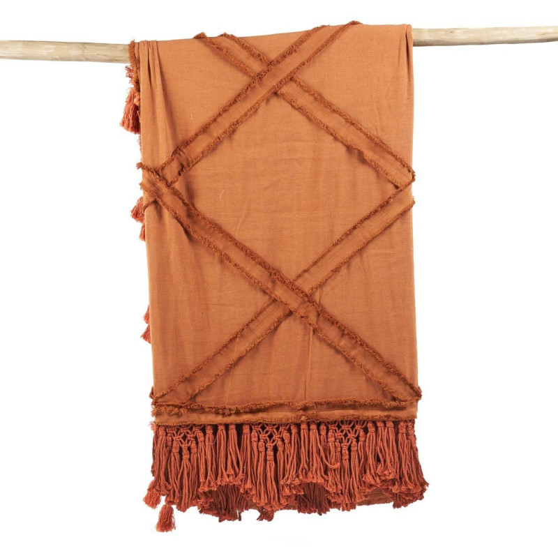Plaid XXL original Bohème chic 300x240 en Coton Terracotta Avec pompons The Berbe 