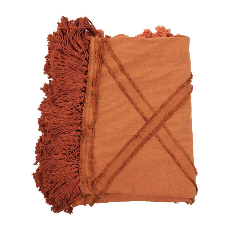 Plaid XXL original Bohème chic 300x240 en Coton Terracotta Avec pompons The Berbe 