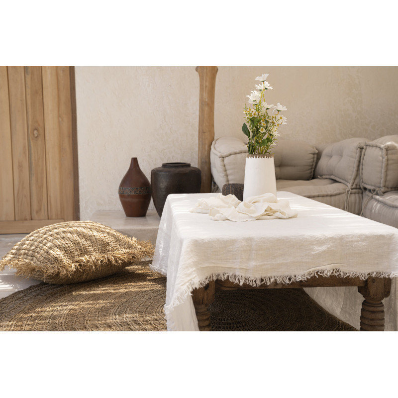 Nappe originale Bohème chic Carrée 150x150 en Lin Blanc Avec franges The Linen 