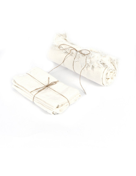 Nappe originale Bohème chic Carrée 150x150 en Lin Blanc Avec franges The Linen 