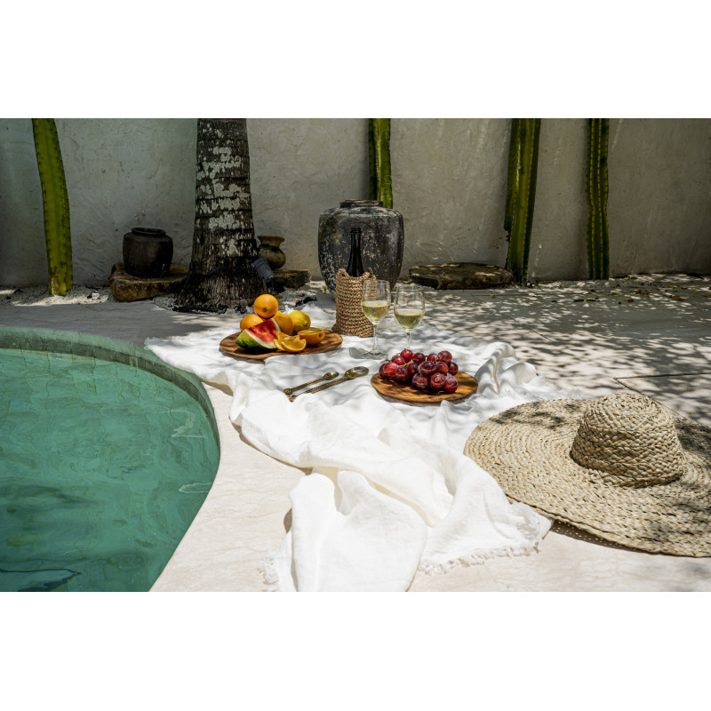 Nappe originale Bohème chic Carrée 150x150 en Lin Blanc Avec franges The Linen 