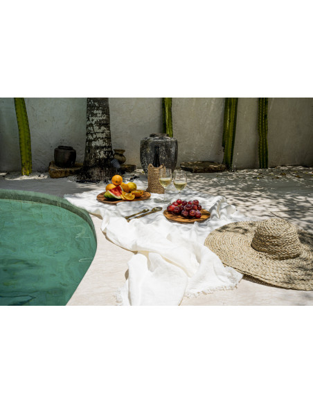 Nappe originale Bohème chic Carrée 150x150 en Lin Blanc Avec franges The Linen 