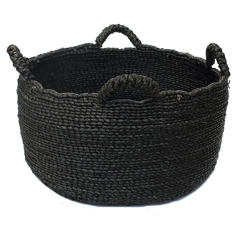 Panier de rangement ethnique chic 4 poignées Rond 45 cm Jonc de mer Noir Tressé The Quatre Mains 