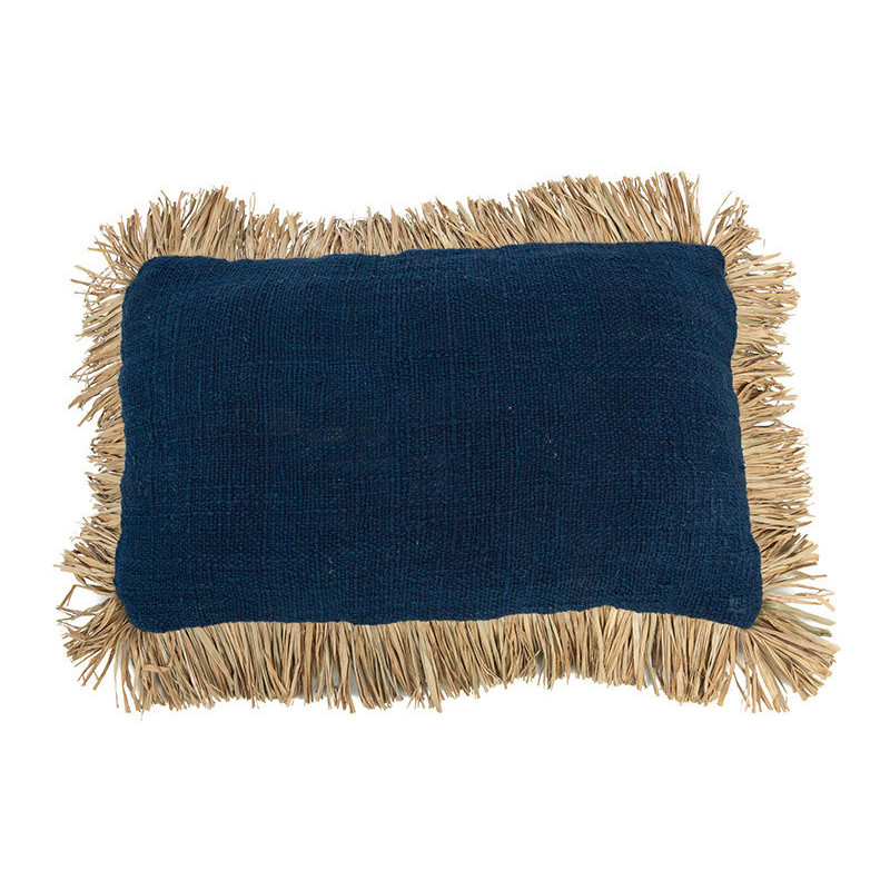 Housse de coussin Rectangulaire 50x30 en Coton Bleu Raphia Naturel avec franges The Saint Tropez 