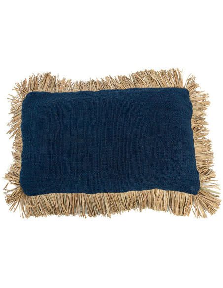 Housse de coussin Rectangulaire 50x30 en Coton Bleu Raphia Naturel avec franges The Saint Tropez 