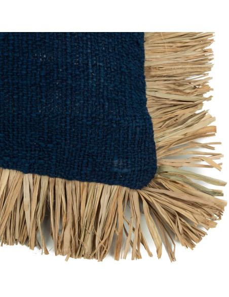 Housse de coussin Rectangulaire 50x30 en Coton Bleu Raphia Naturel avec franges The Saint Tropez 