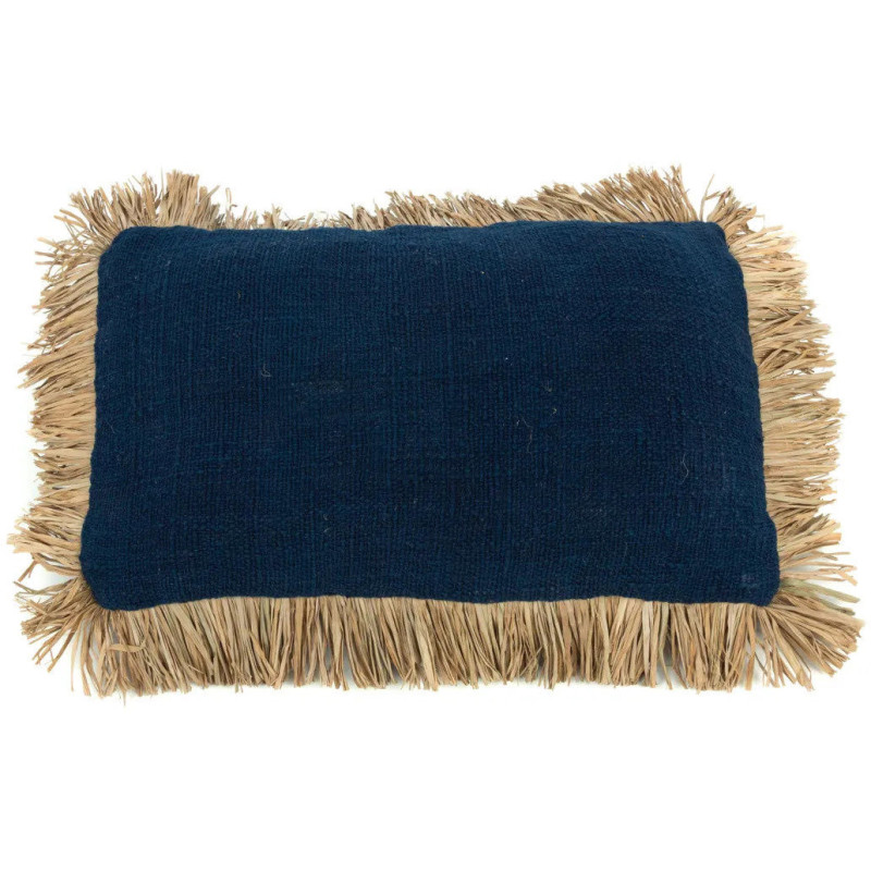 Housse de coussin Rectangulaire 50x30 en Coton Bleu Raphia Naturel avec franges The Saint Tropez 