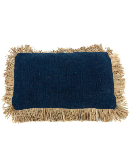 Housse de coussin Rectangulaire 50x30 en Coton Bleu Raphia Naturel avec franges The Saint Tropez 