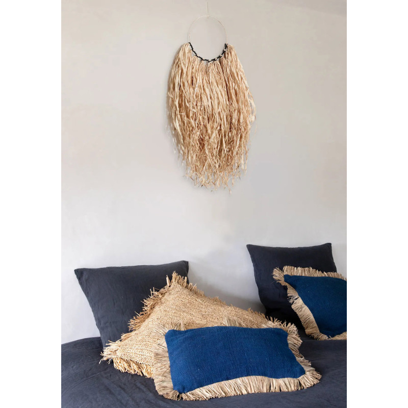 Housse de coussin Rectangulaire 50x30 en Coton Bleu Raphia Naturel avec franges The Saint Tropez 