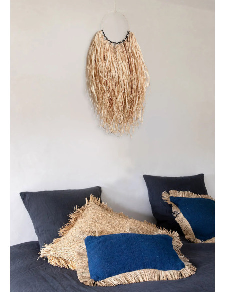 Housse de coussin Rectangulaire 50x30 en Coton Bleu Raphia Naturel avec franges The Saint Tropez 