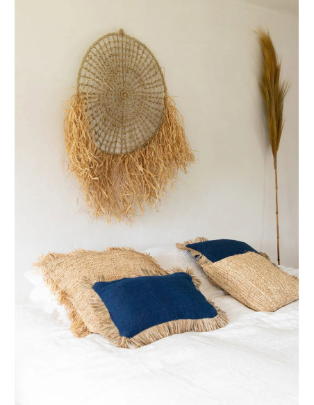 Housse de coussin Rectangulaire 50x30 en Coton Bleu Raphia Naturel avec franges The Saint Tropez 