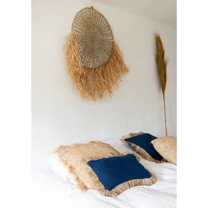 Housse de coussin Rectangulaire 50x30 en Coton Bleu Raphia Naturel avec franges The Saint Tropez 