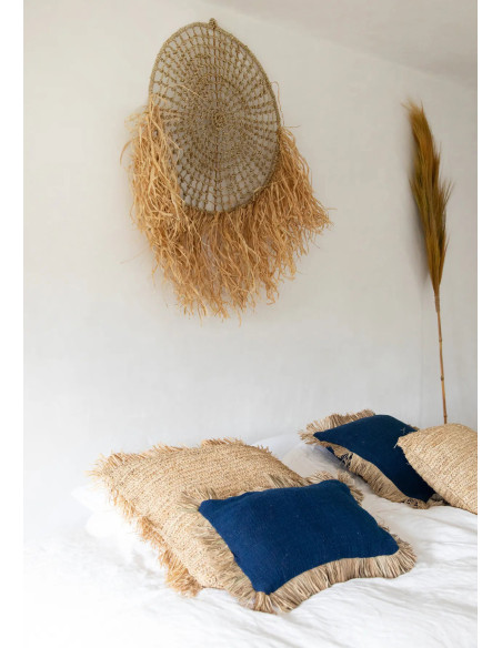 Housse de coussin Rectangulaire 50x30 en Coton Bleu Raphia Naturel avec franges The Saint Tropez 