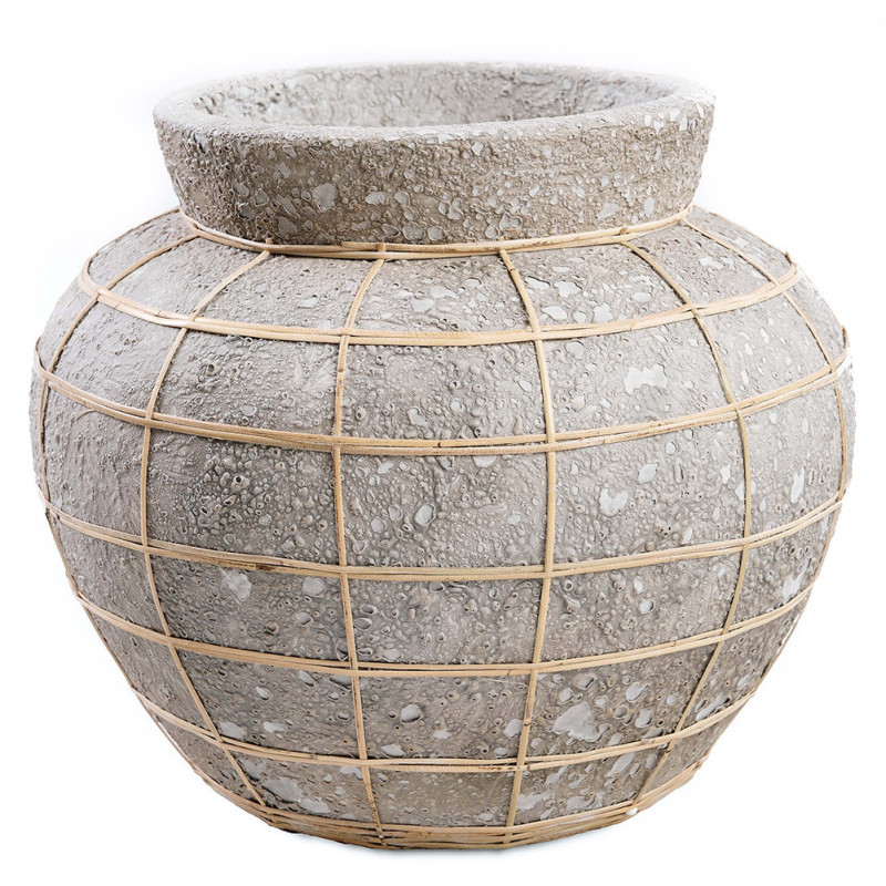 Vase Rond Hauteur 27 cm en Terre cuite Gris béton Raphia Naturel The Belly 