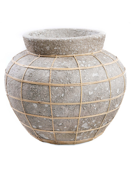 Vase Rond Hauteur 27 cm en Terre cuite Gris béton Raphia Naturel The Belly 