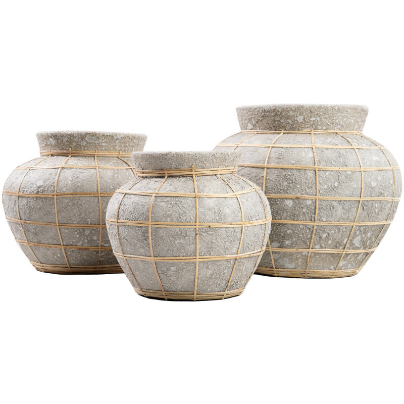 Vase Rond Hauteur 27 cm en Terre cuite Gris béton Raphia Naturel The Belly 