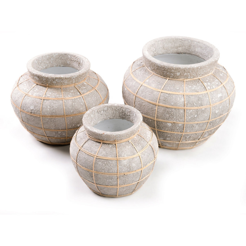 Vase Rond Hauteur 27 cm en Terre cuite Gris béton Raphia Naturel The Belly 