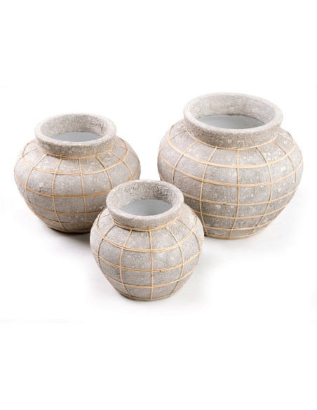 Vase Rond Hauteur 27 cm en Terre cuite Gris béton Raphia Naturel The Belly 