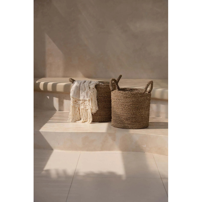 Panier de rangement bohème chic 2 poignées Rond 37 cm Jonc de mer Naturel Tressé The Sensity 